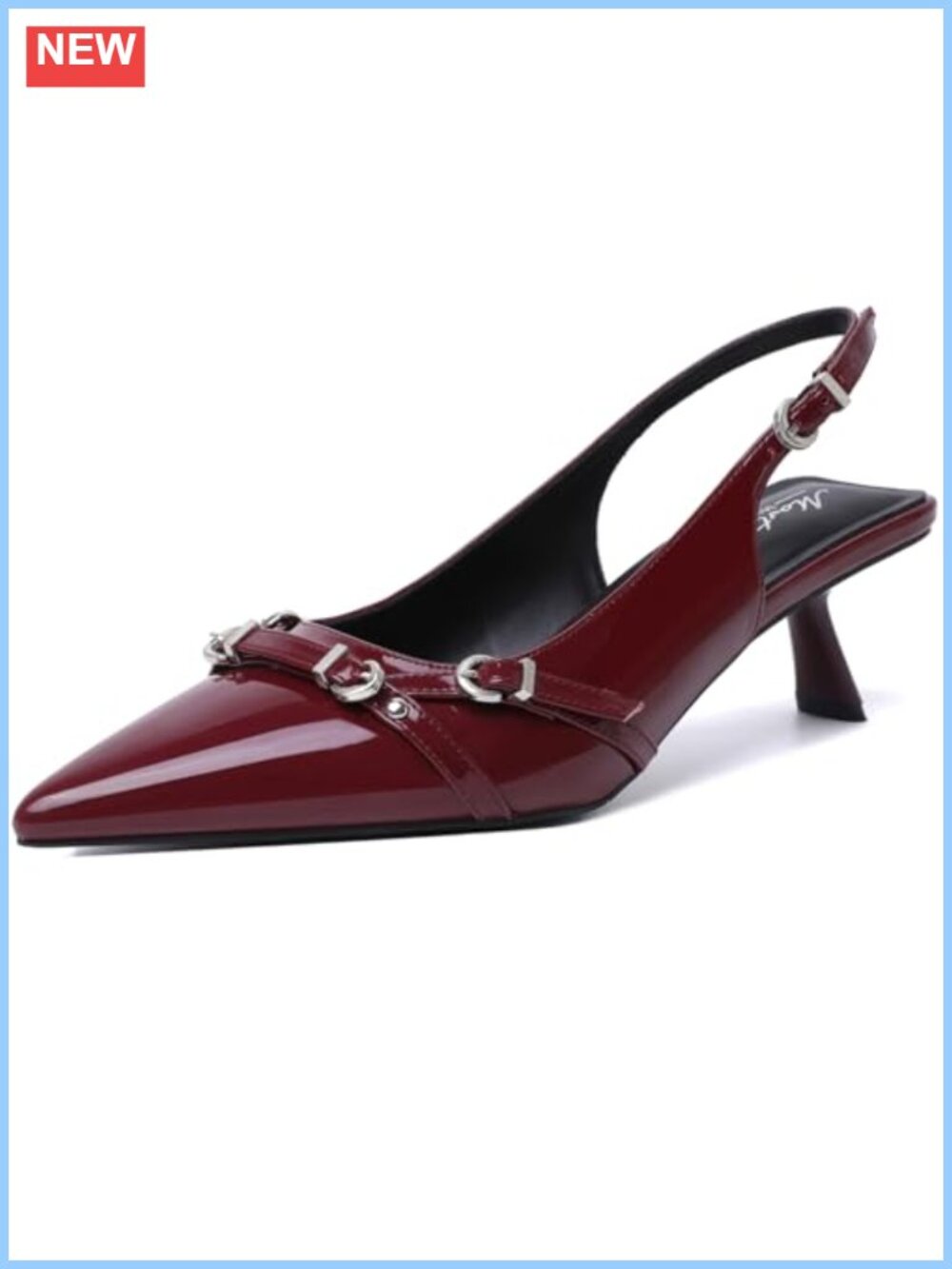 Kitten Heels for Women Pointed Toe Faux Leather Slingback Pumps with Buckle